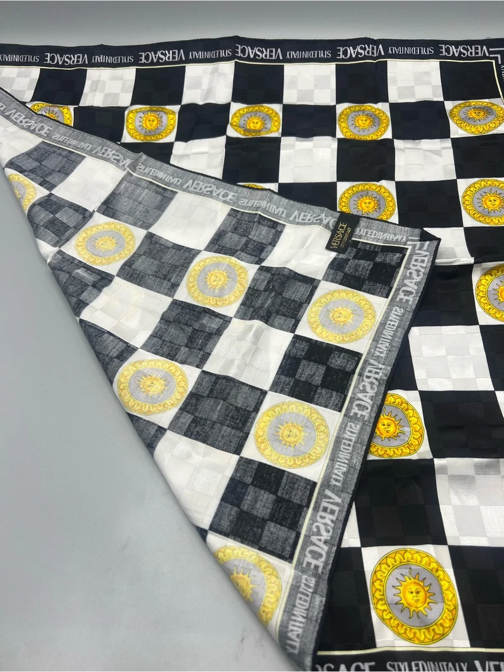 Versace Black, White & Yellow Checkerboard Medallion Sun Square Scarf